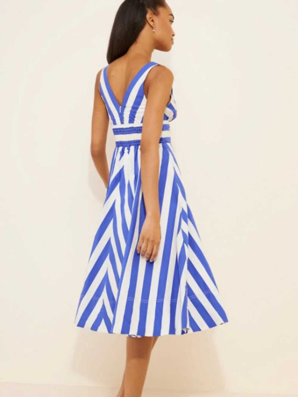 Anthropologie V-Neck Sleeveless Fit & Flare Midi Dress Coastal Nautical Stripe S - Picture 3 of 8